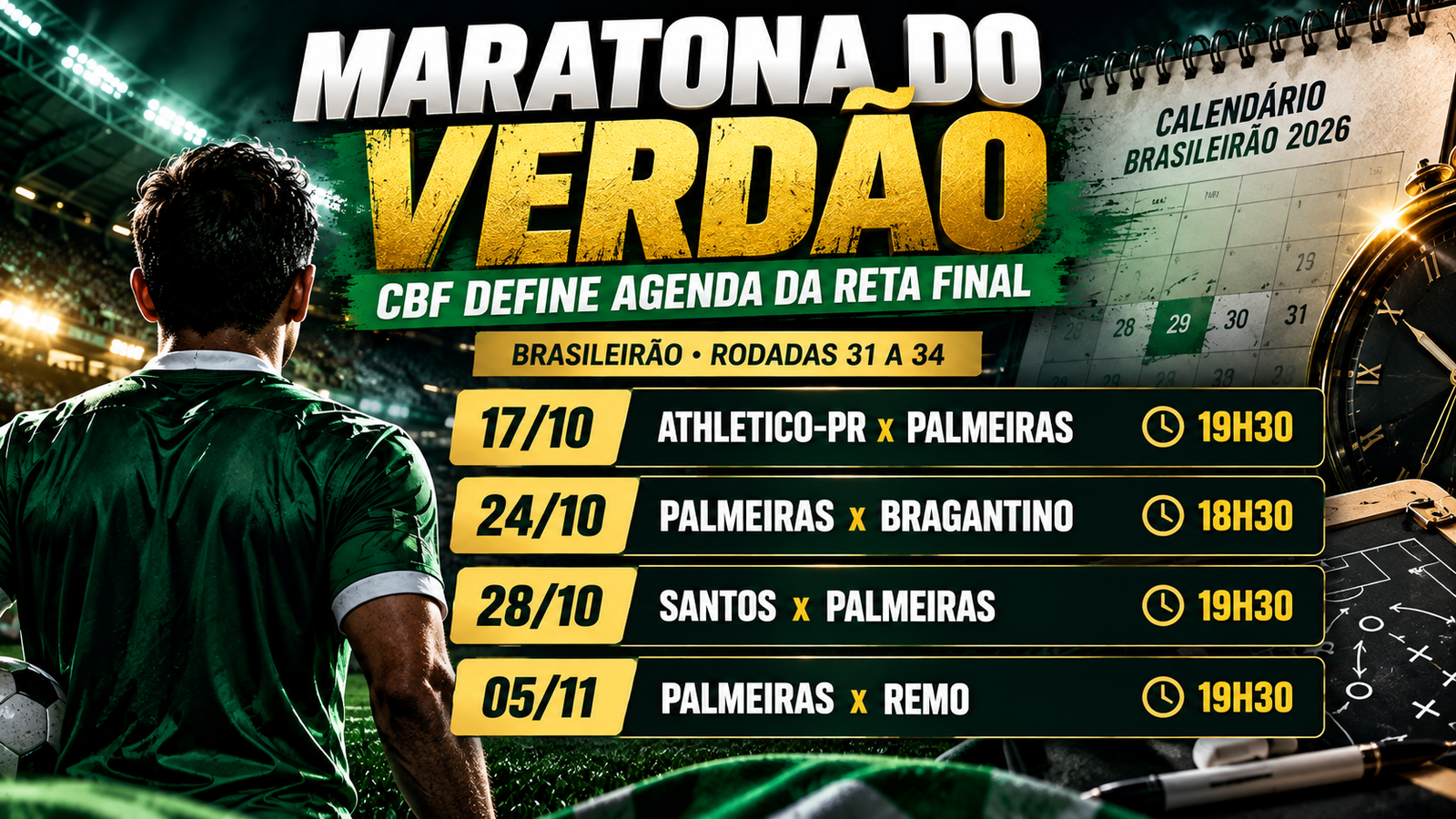 CBF define calendário do Palmeiras e Verdão terá maratona na reta final do Brasileirão